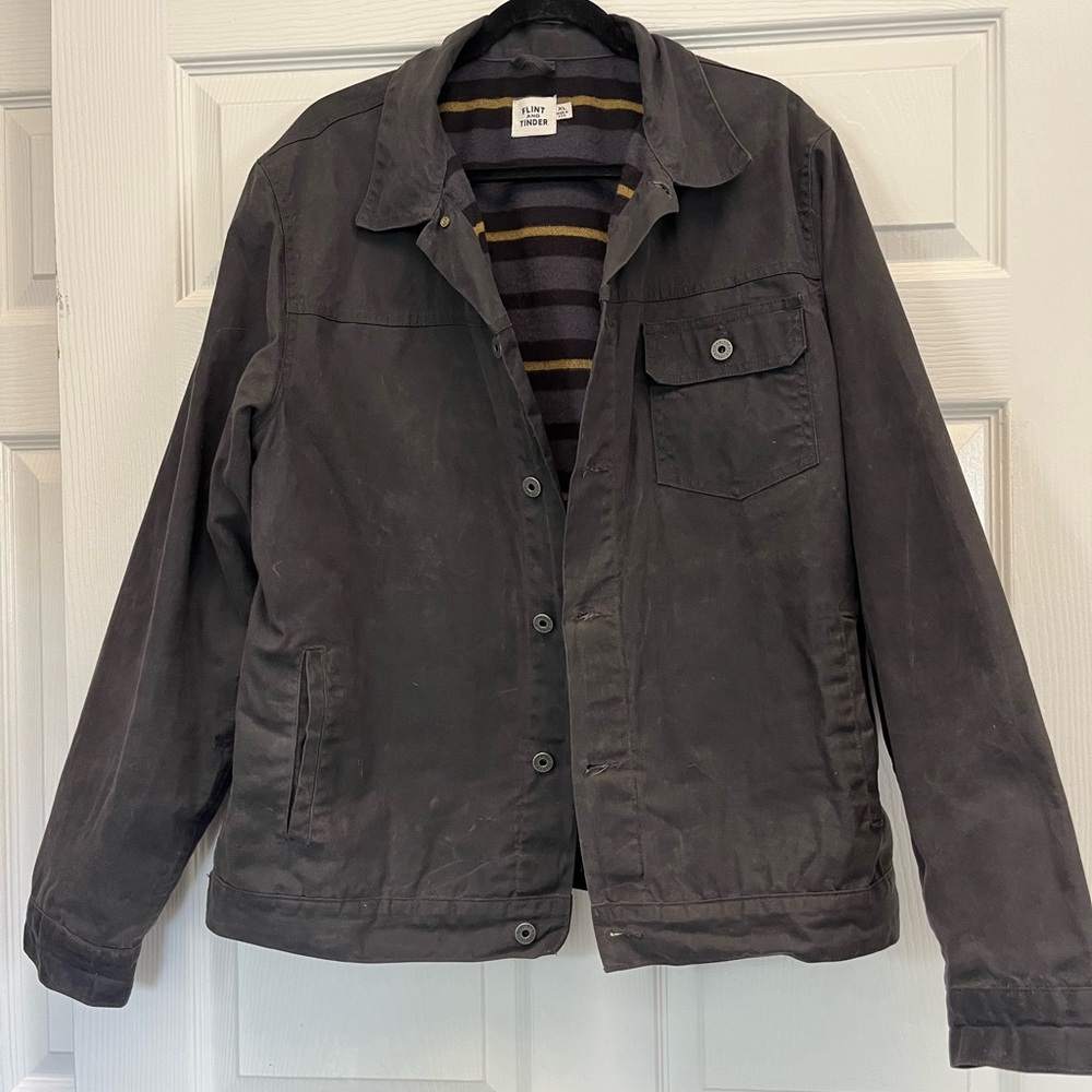 Flint and Tinder Flannel-Lined Waxed Trucker Jacket, Dark Grey, Size XL.